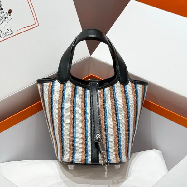 【エルメス HERMES】ピコタンロックPM クーベルチュール ストライプカレ エクリュ×ノワール×フォーブ×ブルーザンジバル(100%手縫い)